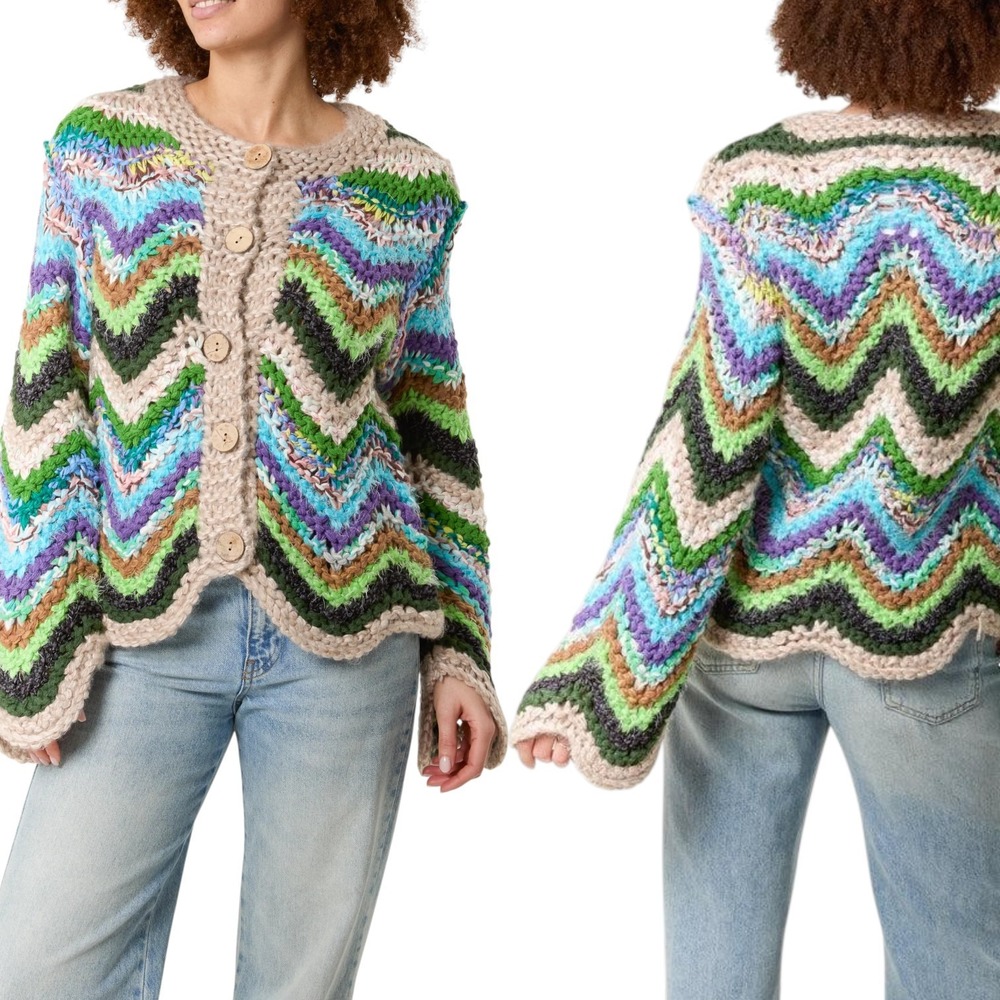 Chunky Knit Zig Zag‎ Cardigan Womens Medium (Measured) Acrylic Wool Handknit NEW